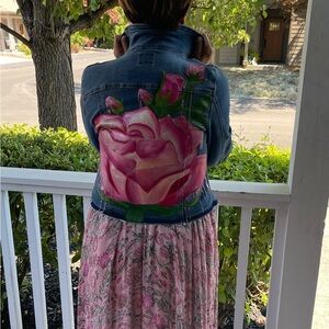 Hand painted custom one of a kind, Floral Denim Jacket with Pink Rose Design